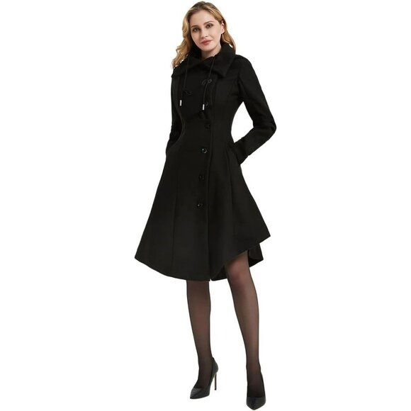 Women Black Trench Coat Goth Lapel Peacoat Wool Winter Thick Hood Pea Jacket - Picture 2 of 7